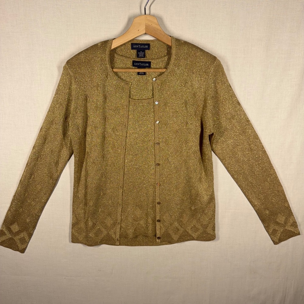 Ann Taylor Sweater Set Women Small Formal Glam Gold Cardigan Twin Set
Lurex